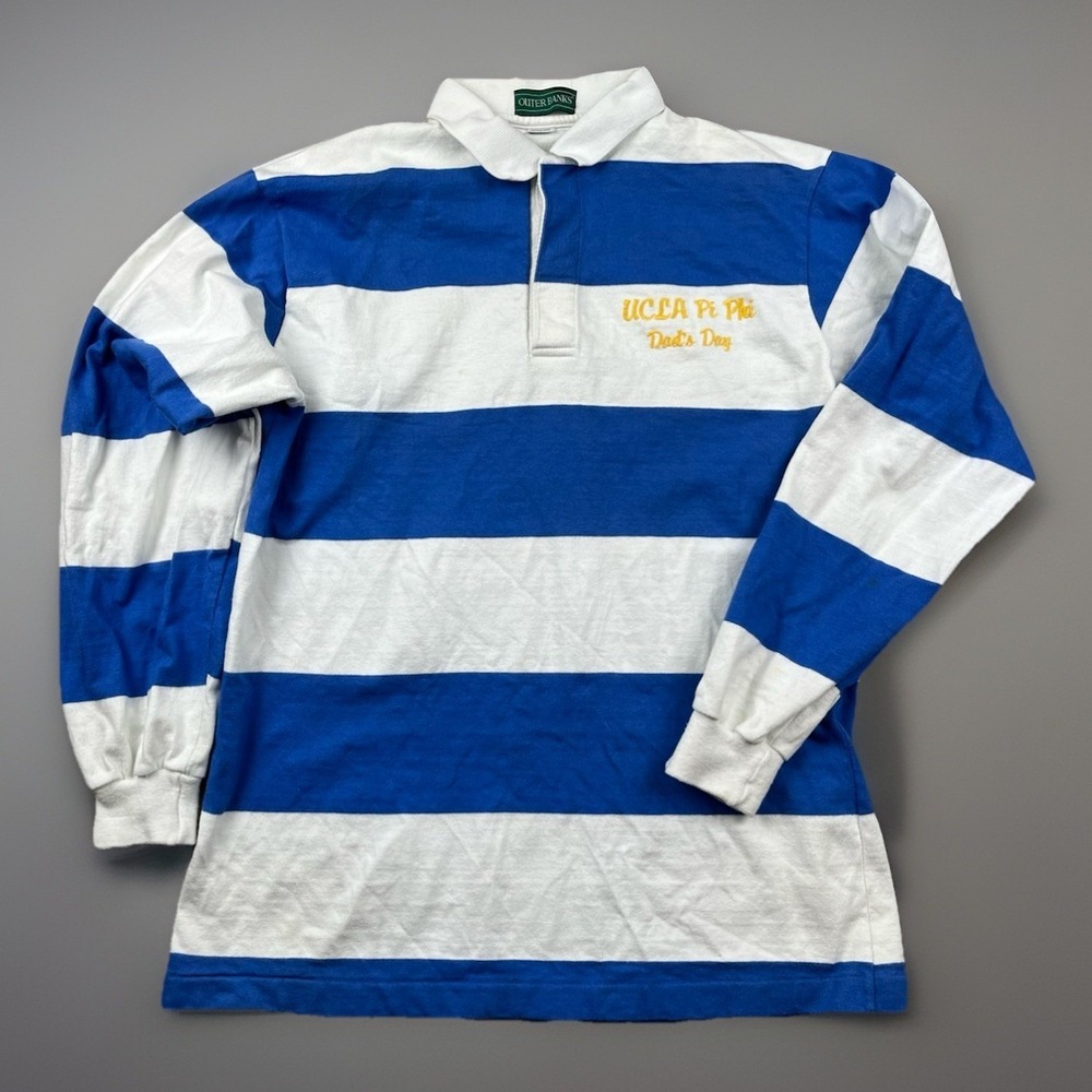 VTG UCLA Pi Phi Dad's Day Rugby Shirt Sweater Men Large Blue White Striped‎ Frat